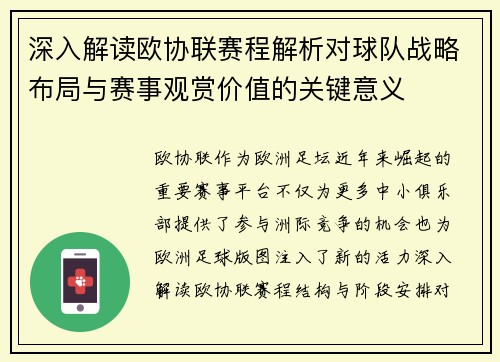 深入解读欧协联赛程解析对球队战略布局与赛事观赏价值的关键意义