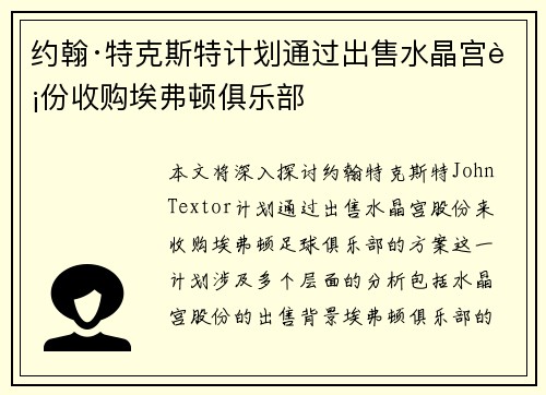 约翰·特克斯特计划通过出售水晶宫股份收购埃弗顿俱乐部