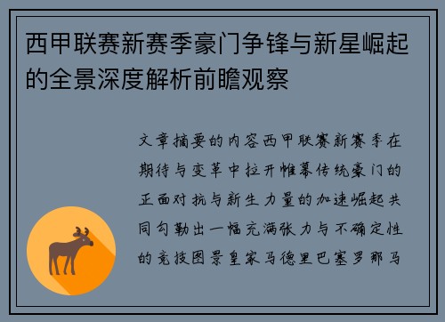 西甲联赛新赛季豪门争锋与新星崛起的全景深度解析前瞻观察